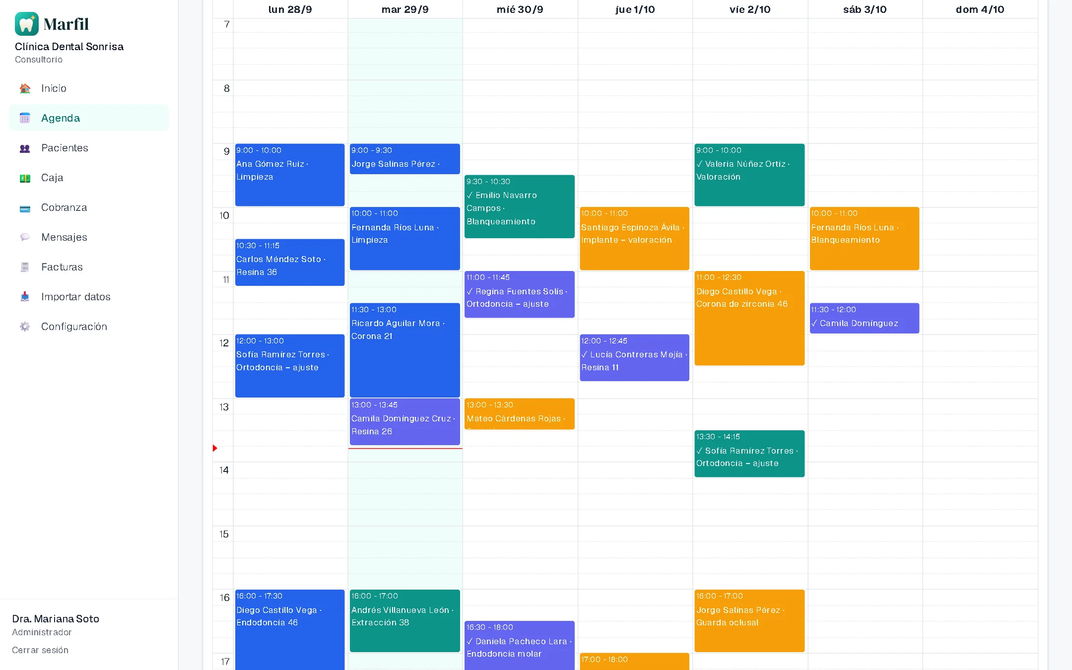 Agenda semanal de Marfil con citas de dos doctores marcadas por estado: confirmada, pendiente y completada