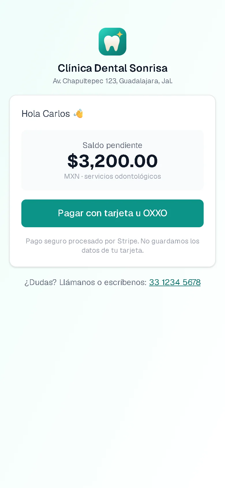 Página de pago en línea que recibe el paciente en su celular