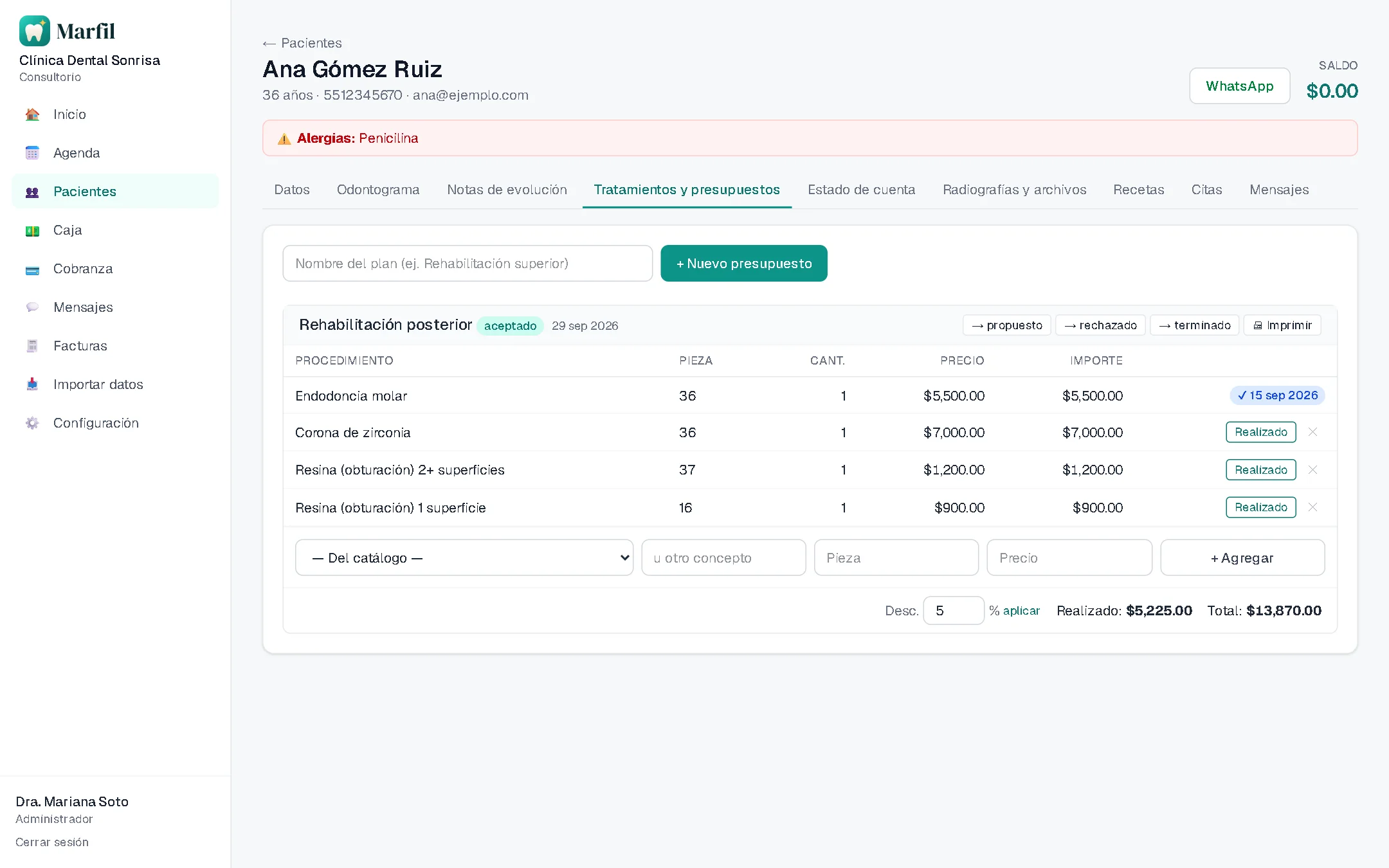 Plan de tratamiento aceptado con procedimientos realizados y pendientes, precios y total